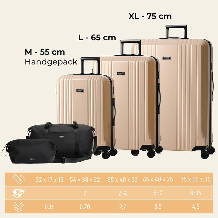 FERGÉ Polycarbonat 5-teilig Koffer Set 77cm, 67cm, Handgepäck Koffer mit Reisetasche Kombi, sehr rob