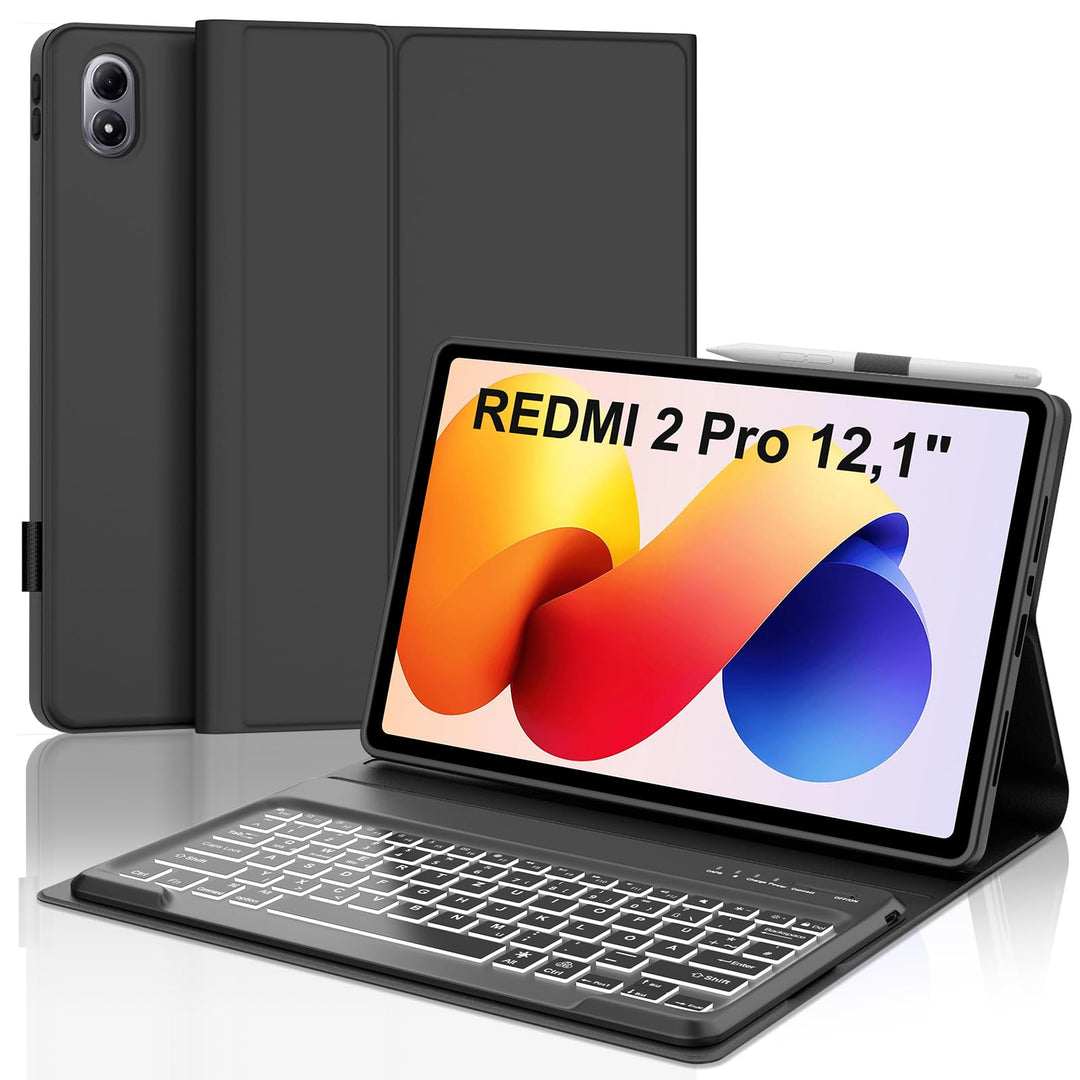 Beleuchtete Tastatur Hülle für Redmi Pad 2 Pro 12,1" 2025, mit 7-Farben LED ohne Trackpad – Abnehmba