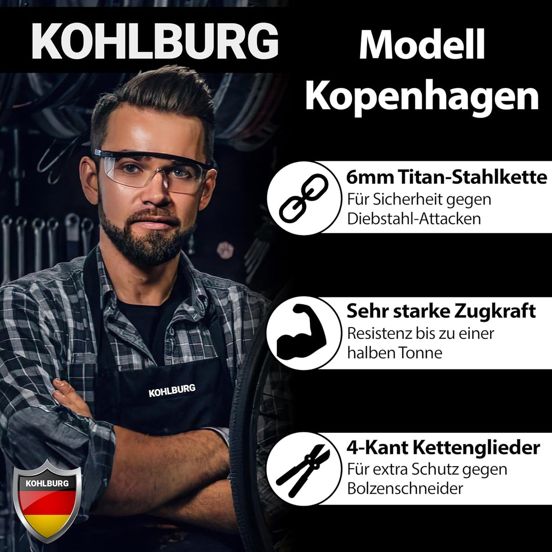 KOHLBURG Kettenschloss Fahrrad [103cm lang, 6mm starke Titan-Stahl Kette] - zuklickbares Fahrrad Sch