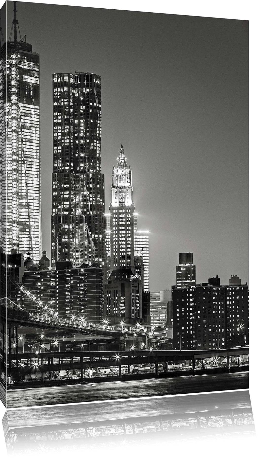 Pixxprint New York City Skyline bei Nacht / 100x70cm Leinwandbild bespannt auf Holzrahmen/Wandbild K