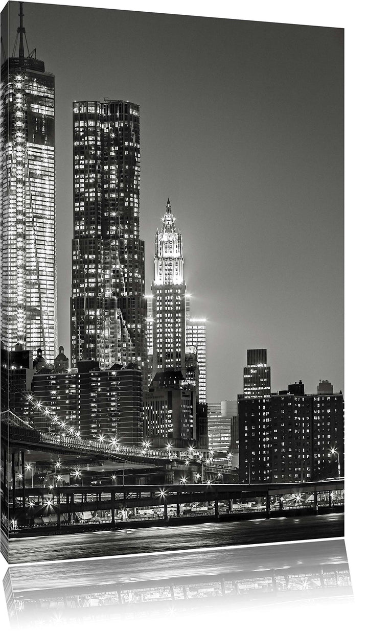 Pixxprint New York City Skyline bei Nacht / 100x70cm Leinwandbild bespannt auf Holzrahmen/Wandbild K