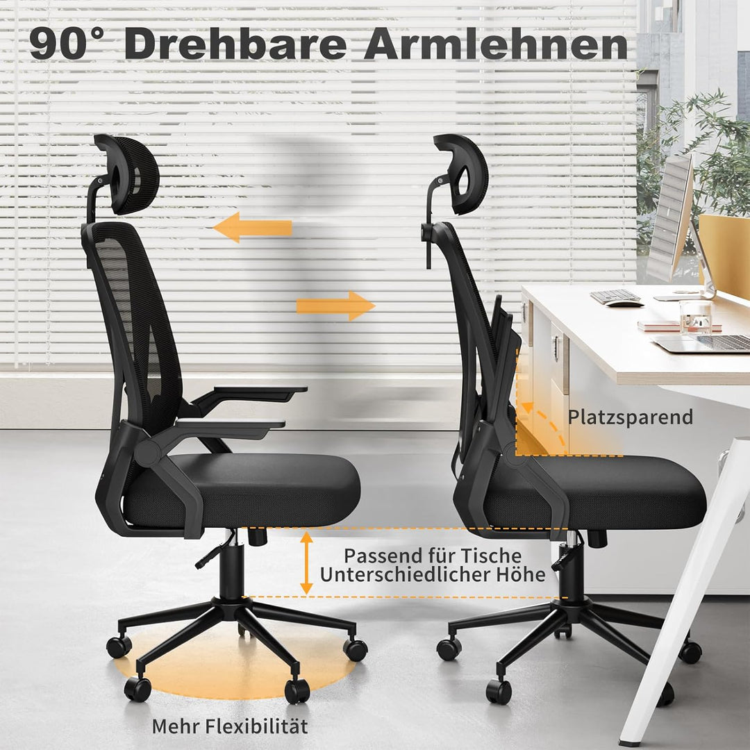 naspaluro Bürostuhl, Schreibtischstuhl mit Mesh, Lenden- und Kopfstütze, Drehstuhl mit 90° Klappbare