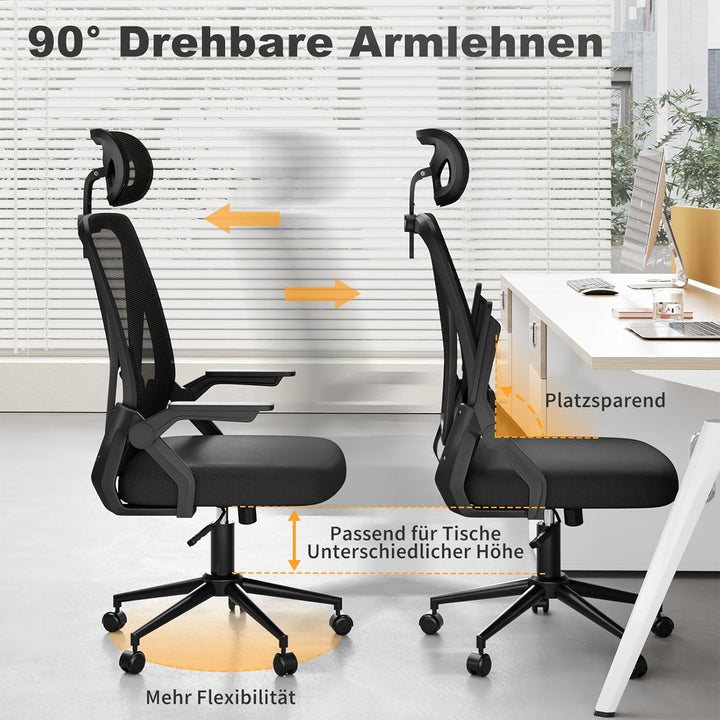 naspaluro Bürostuhl, Schreibtischstuhl mit Mesh, Lenden- und Kopfstütze, Drehstuhl mit 90° Klappbare