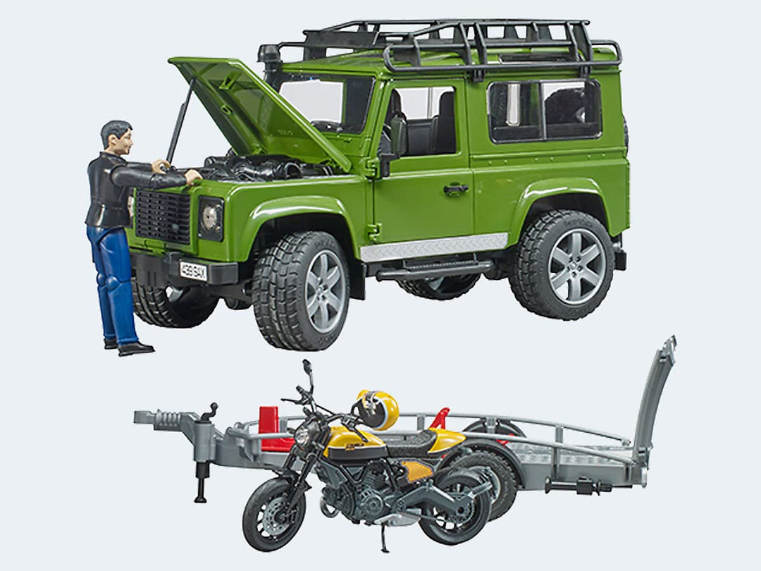bruder 02589 - Land Rover Defender mit Anhänger, Scrambler Ducati Full Throttle, Fahrer - 1:16 Pick-