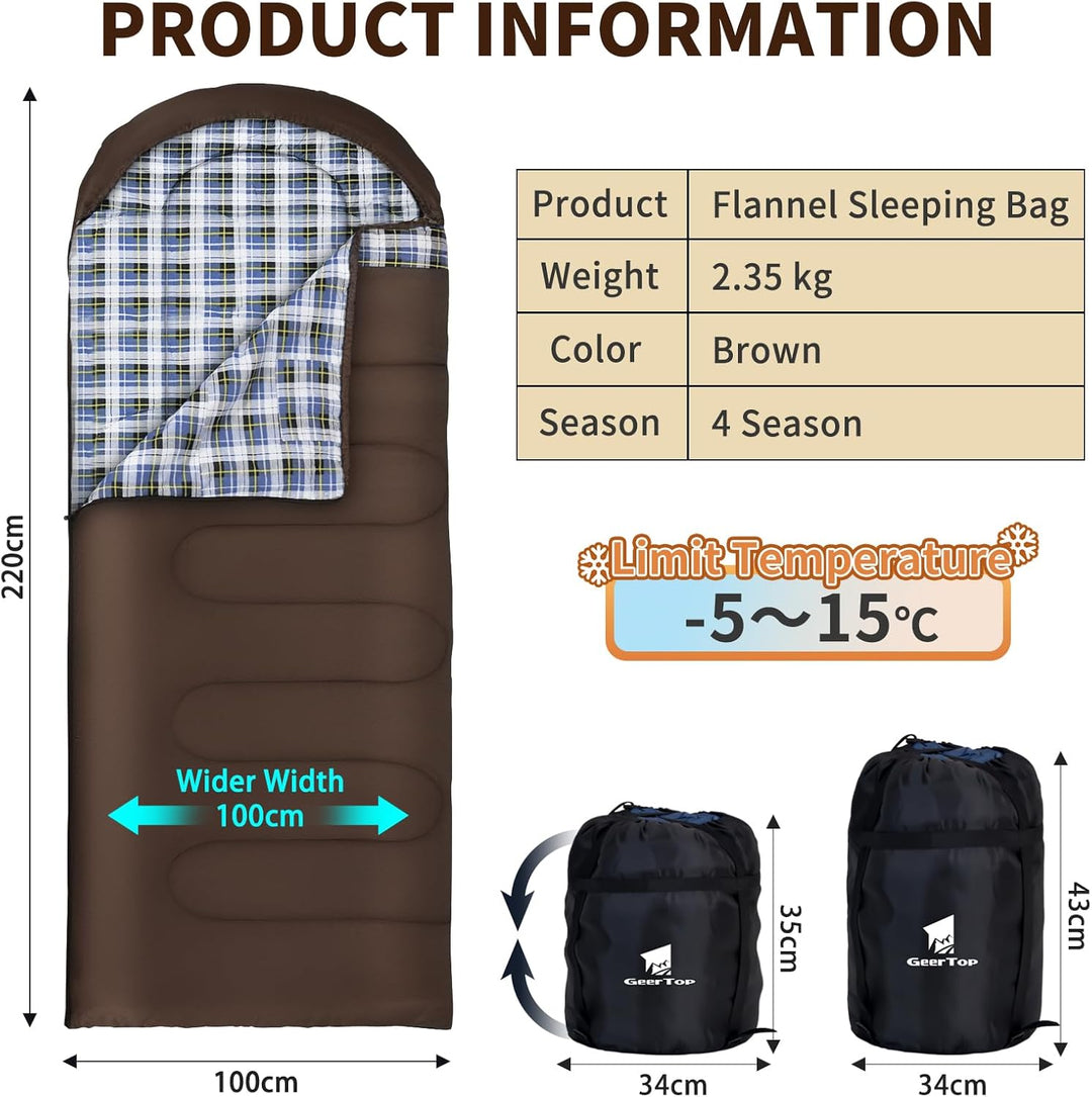 GEERTOP Schlafsack XXL 4 Jahreszeiten Flanell Campingschlafsack Übergrösse 220x100cm für Erwachsene