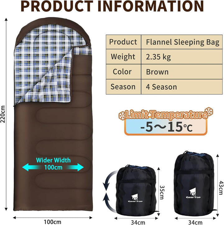 GEERTOP Schlafsack XXL 4 Jahreszeiten Flanell Campingschlafsack Übergrösse 220x100cm für Erwachsene