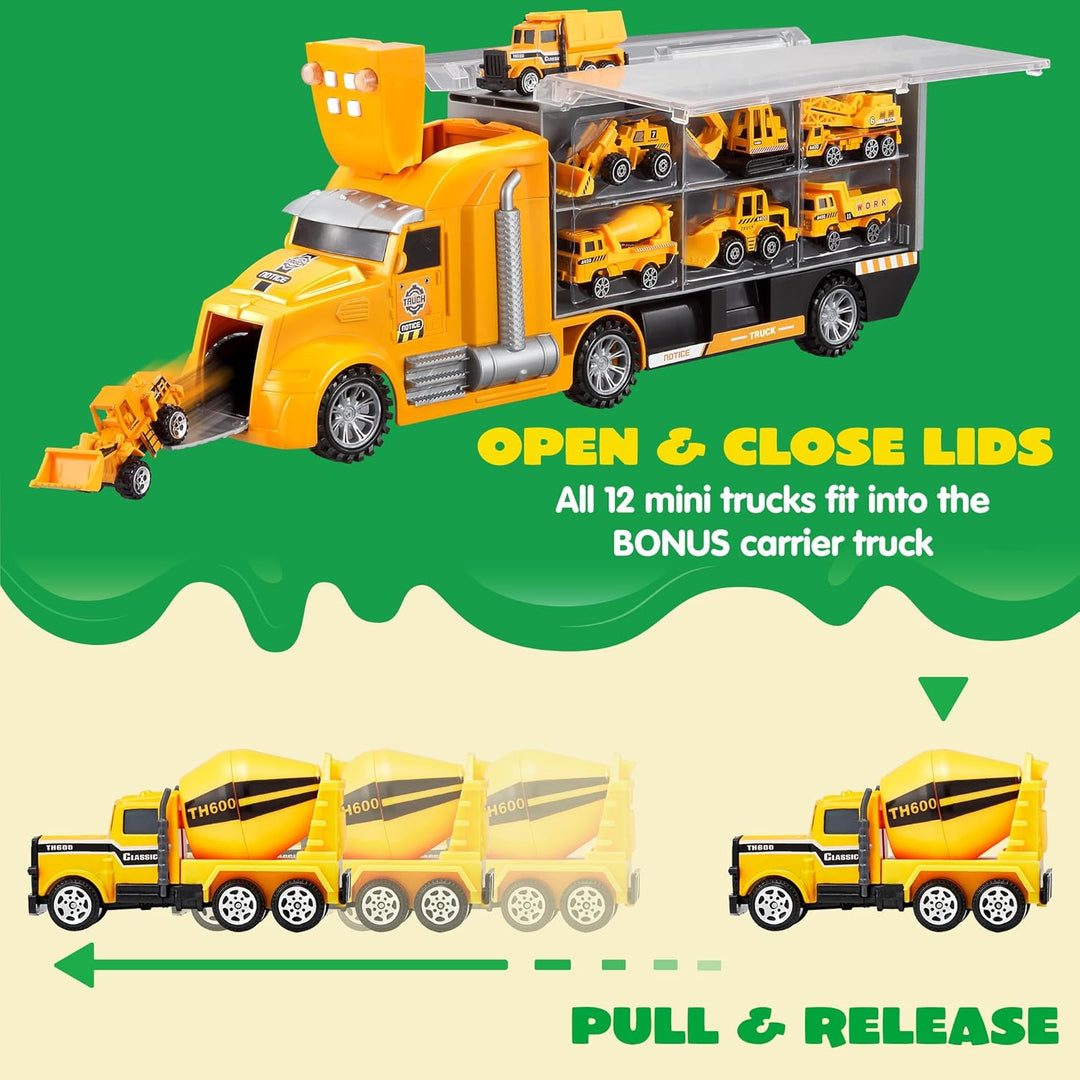 JOYIN 25-in-1-Spielzeugset aus Druckguss-Baufahrzeugen (einschliesslich Transporter, Bagger, Kipper,