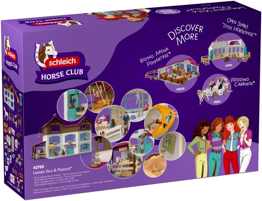 Schleich Horse Club | Lakeside Villa & Paddock 42785 | Reiterhof Spielset mit Villa, 2 Pferden, 3 Fi