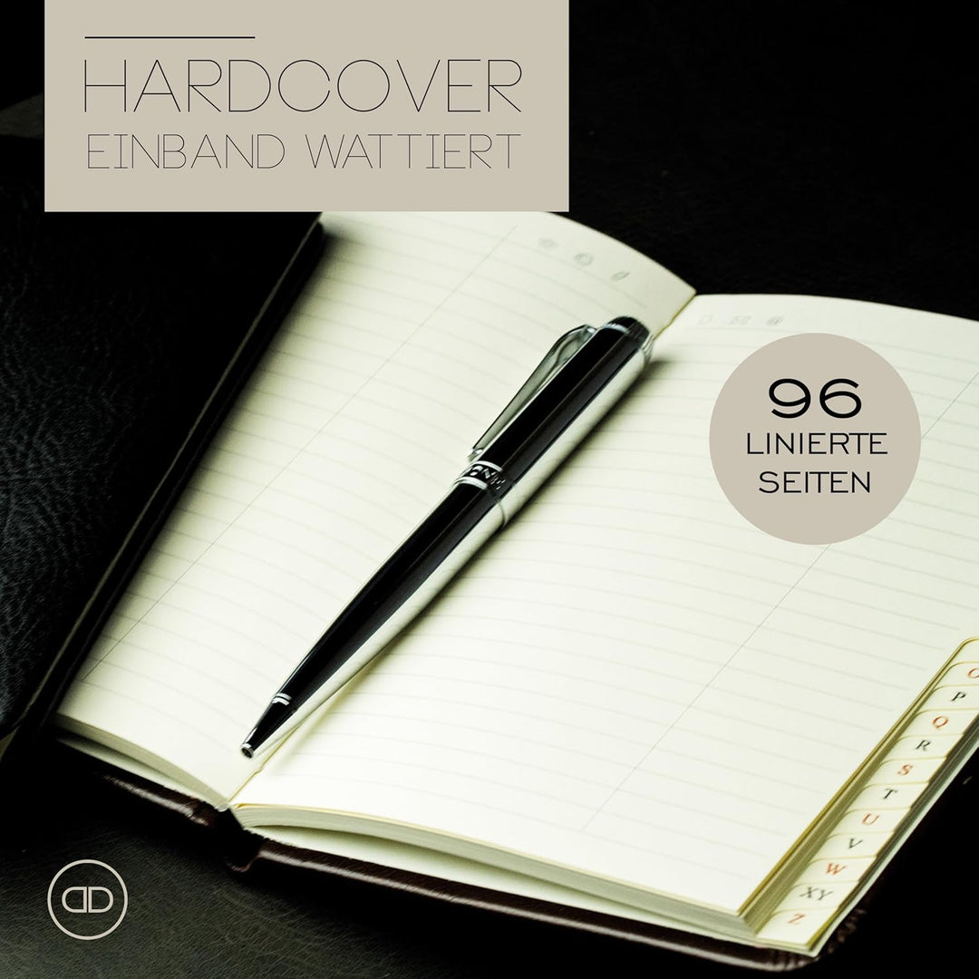 DELMON VARONE - Personalisierbares Adressbuch DIN A6+ gebunden mit A-Z Register Vintage Leder schwar