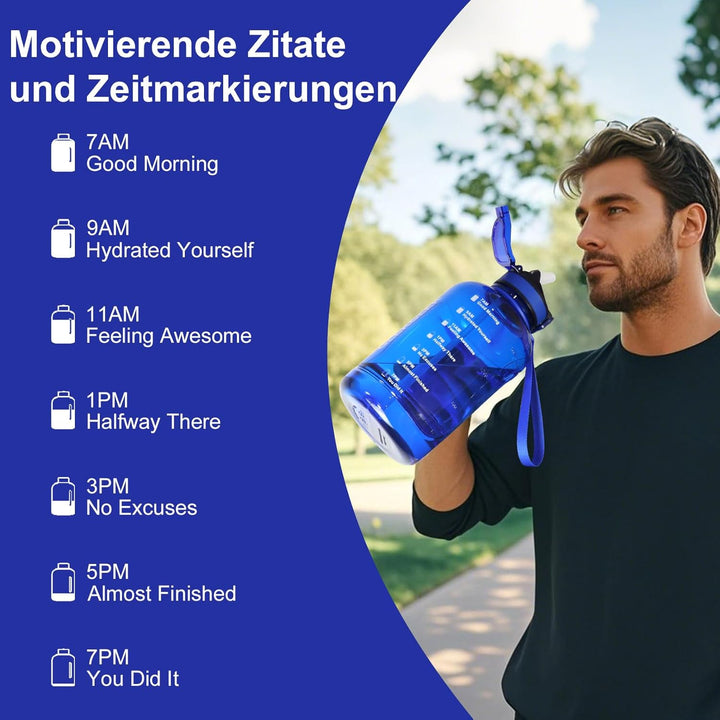 Wasserflasche 2 Liter mit Strohhalm, Motivierende Trinkflasche Sport für Fitnessstudio, Büro, Bau, W