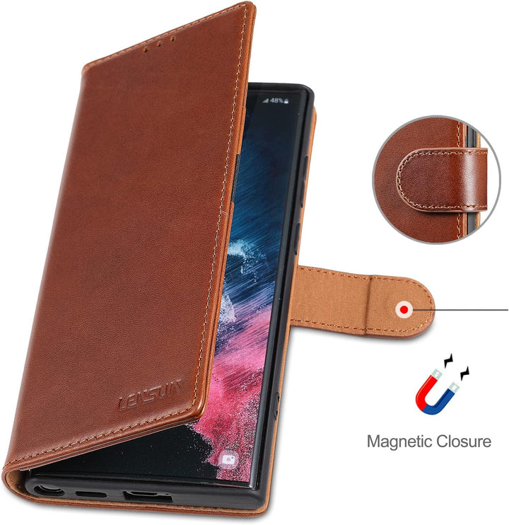 LENSUN Echtleder Hülle für Samsung Galaxy S22 Ultra, Handyhülle [Echtes Leder][Kartenfach][RFID Schu