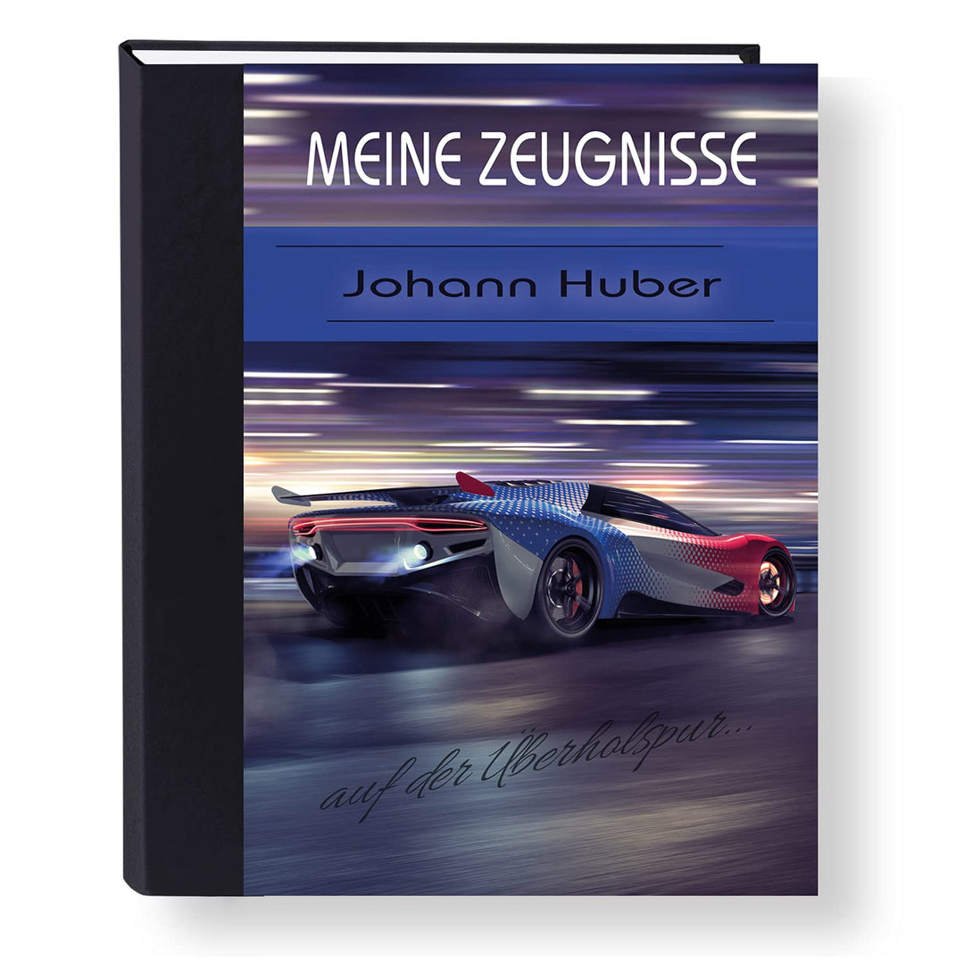 Zeugnismappe personalisiert High Speed A4 ca. 31x24 cm, lila blau, Zeugnisbuch Auto, Urkundenmappe E