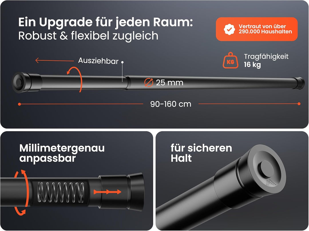 Gardinenstange zum Klemmen 90-160cm - Duschstange ohne Bohren - Vorhangstange - Schwarz - Teleskopst