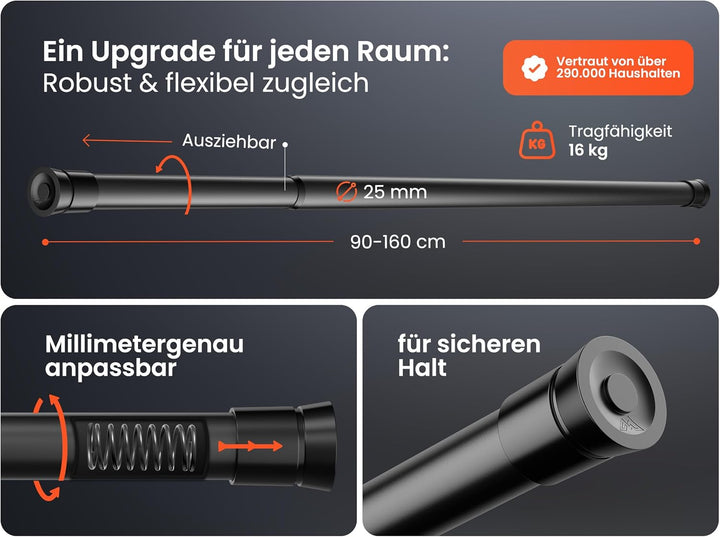 Gardinenstange zum Klemmen 90-160cm - Duschstange ohne Bohren - Vorhangstange - Schwarz - Teleskopst