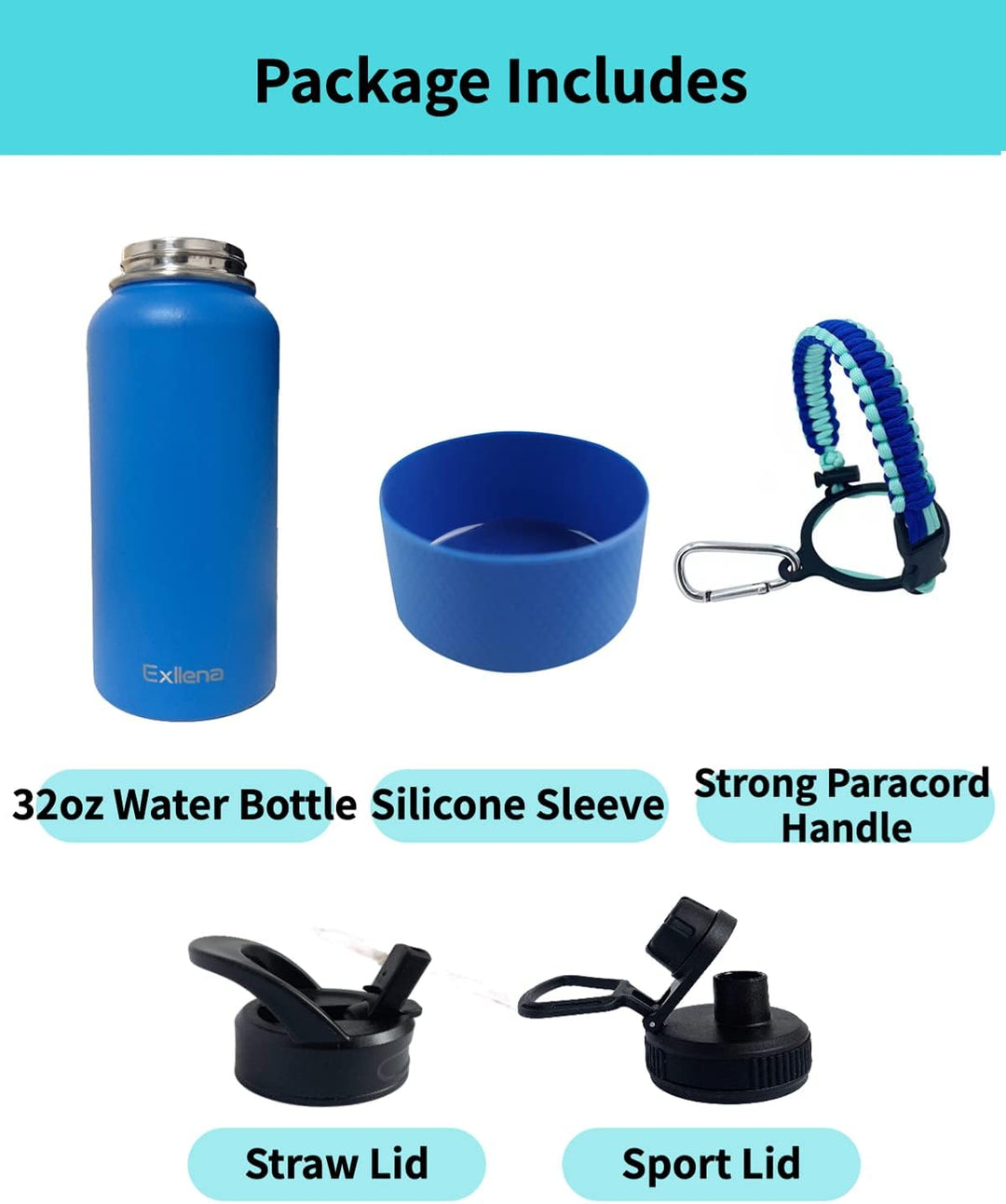 Exllena 2 Liter Edelstahl Wasserflasche, doppelt isolierte Wasserflaschen mit zwei Deckeln und schüt