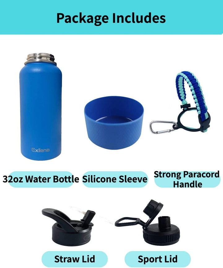 Exllena 2 Liter Edelstahl Wasserflasche, doppelt isolierte Wasserflaschen mit zwei Deckeln und schüt