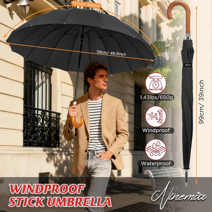 NINEMAX Regenschirm Stockschirm Sturmfest für Herren Damen, Grosser Regenschirm Holzgriff, Classic S