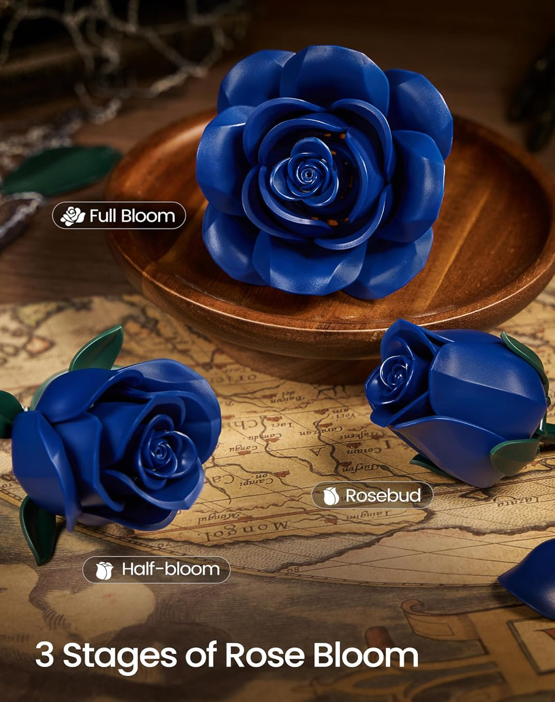 Millionspring Blaue Rosenstrauss-Bausatz mit 3 blauen künstlichen Rosen – Geschenkidee für Sie und I