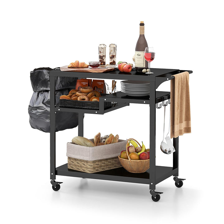 GOPLUS Grillwagen, Grilltisch Outdoor mit Griff, 4 Ablagen, Haken & Rollen, multifunktionaler Pizzat