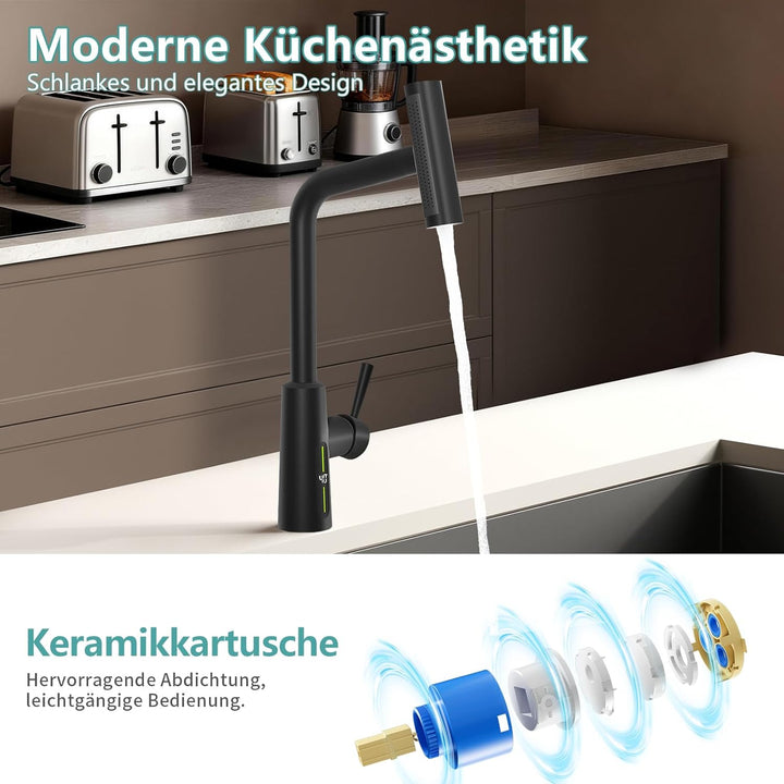 MIAOHUI Küchenarmatur Ausziehbar mit Temperaturanzeige, Einhebel Mischbatterie Küche, 4 Modi Wasserh