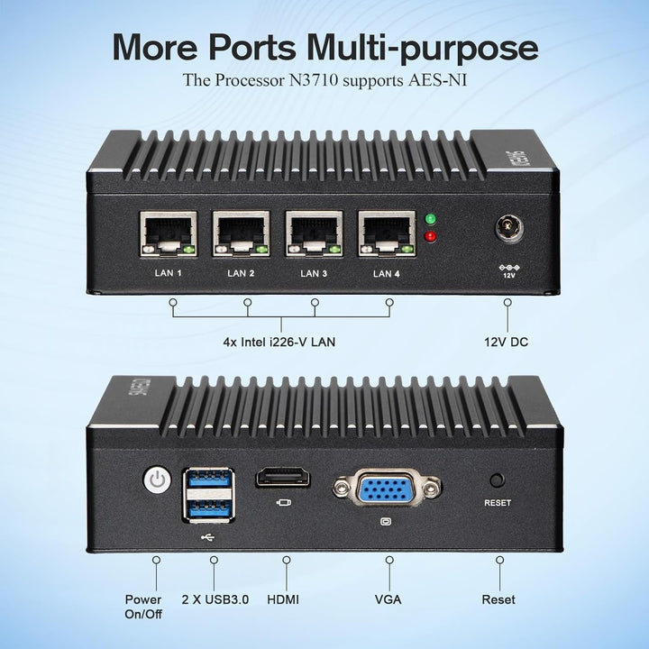 Micro-Firewall Device: Intel J3700 quad-core fanless mini-PC with 4 ports, Intel 2.5 GbE i226 Gigabi