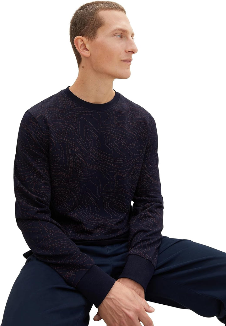 TOM TAILOR Herren Basic Sweatshirt mit Allover-Print M 32455 - Sky Captain Blue Line Design, M 32455