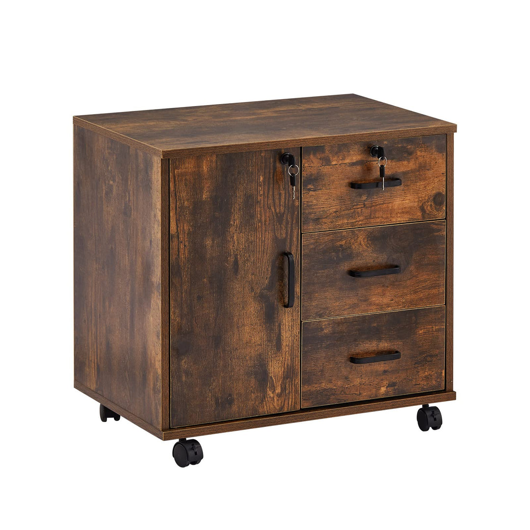 ZBAOLTO Rollcontainer Aktenschrank aus Holz, Abschliessbar Büroschrank mit 3 Schubladen und Tür, Ver