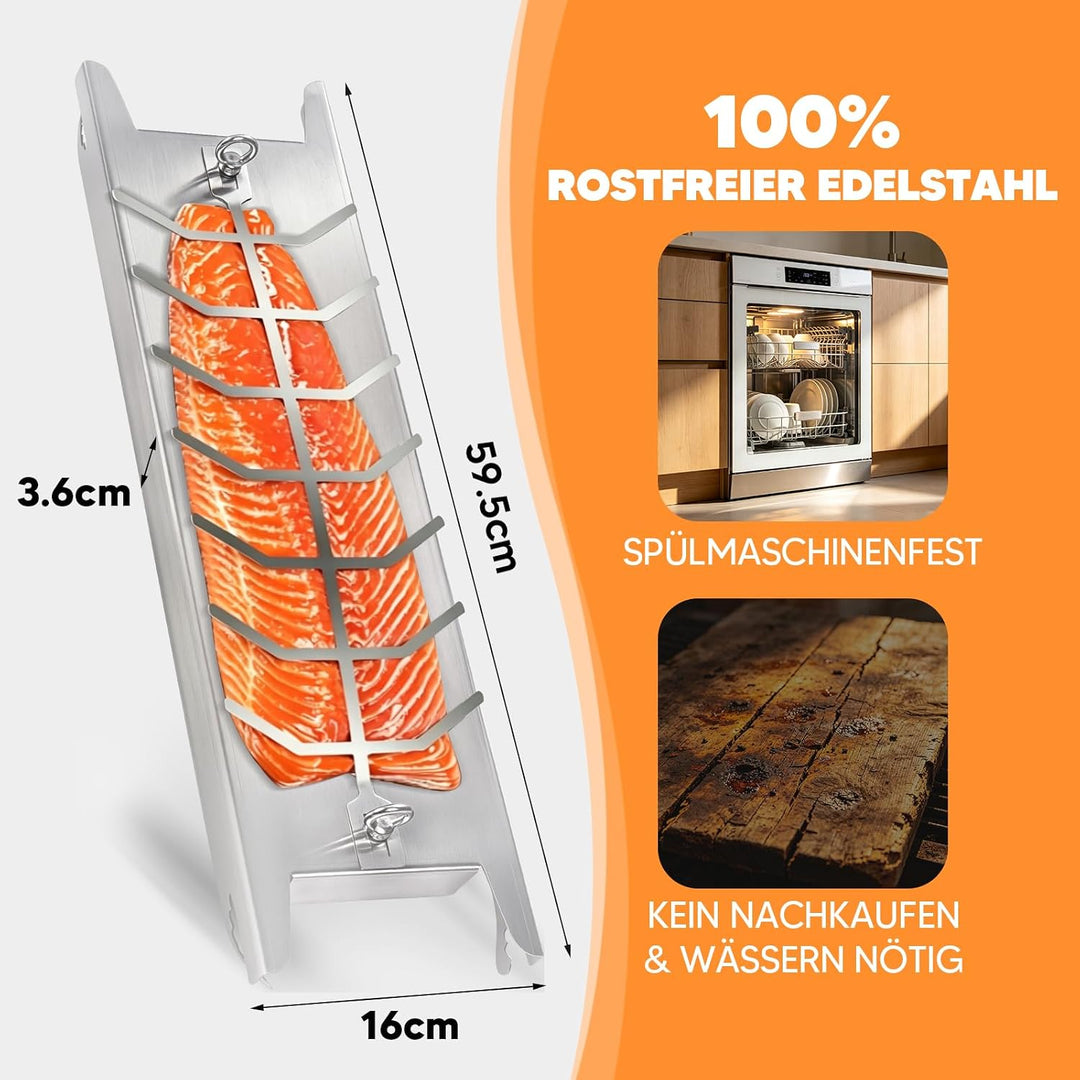 Flammlachshalter Edelstahl 59.5cm für Feuerschale &amp; Grill | Extra Breit 16cm, 180° drehbar, Lachsbre