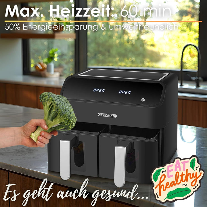 Heissluftfritteuse | 2 Kammern | Heissluftfritteuse | 4 in 1 Mini Backofen | Fritteuse | Dörrautomat