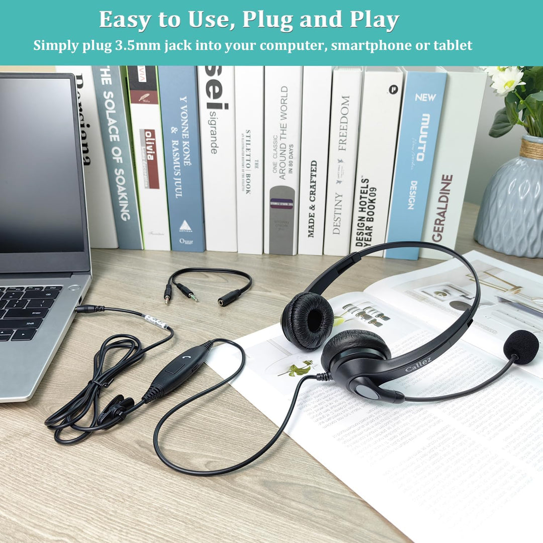 3,5mm Klinke Headset Handy mit Mikrofon Noise Cancelling & Lautstärkeregler, Kopfhörer PC für FritzF