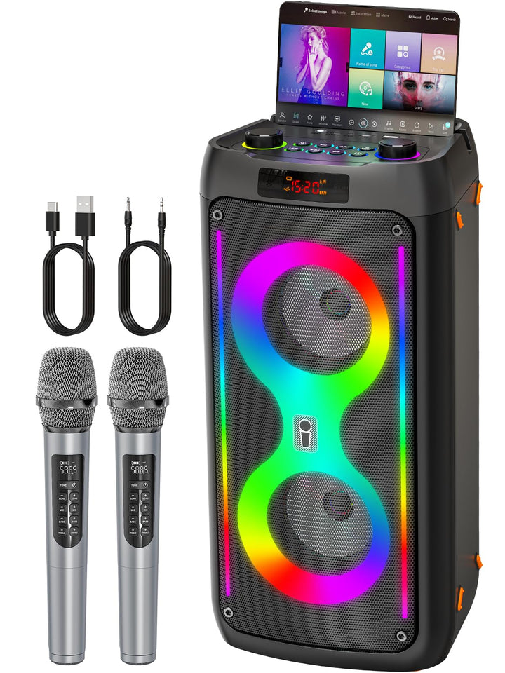Karaoke-Maschine, Tragbarer Bluetooth-Lautsprecher mit 2 drahtlosen Mikrofonen für Erwachsene, PA-Sy