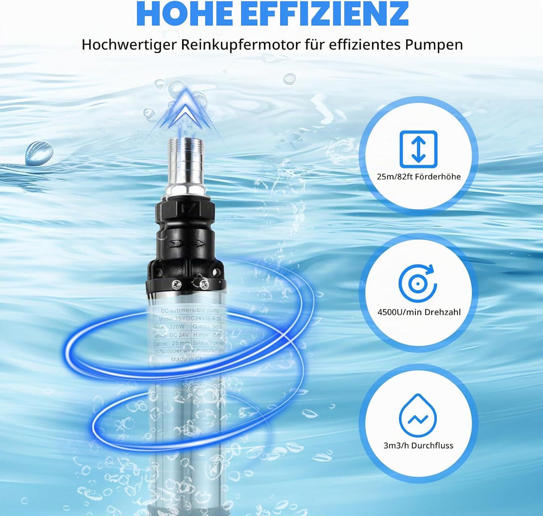 24V Edelstahl Tauchpumpe, 320W 5m³/h 25m Tiefbrunnenpumpe mit 16m Kabel für Landwirtschaft Haus Gart
