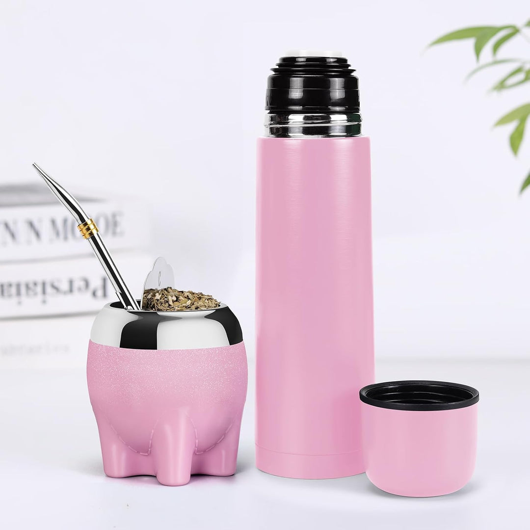 Premium Yerba Mate Tasse, 5-in-1-Set, inklusive Edelstahl-Kürbis (Glitzersterne, niedlicher Elefante
