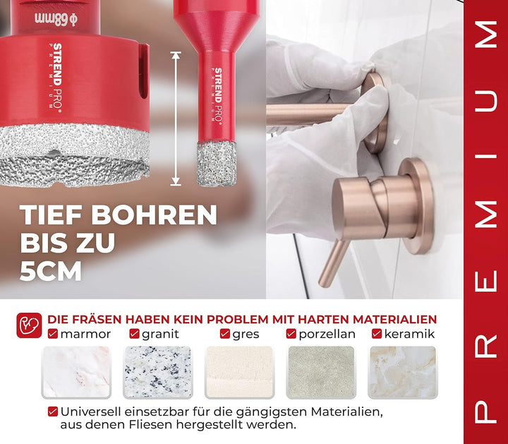 STREND PRO Diamant Fliesenbohrer Set | 6-8-10-20-35-50-68 mm, Trennscheibe, Fingerfräser 20mm, SDS A