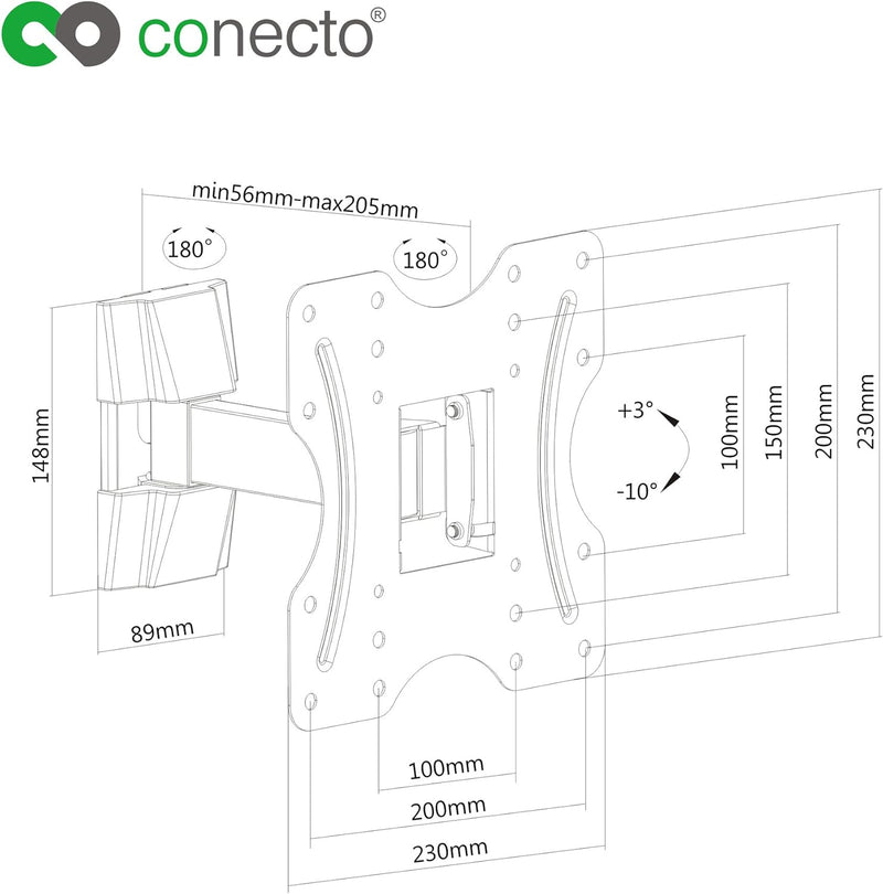 conecto, TV-Wandhalterung bis 42 Zoll, neigbar (+3°/-10°), schwenkbar (+/-90°), bis VESA 200, Tragla