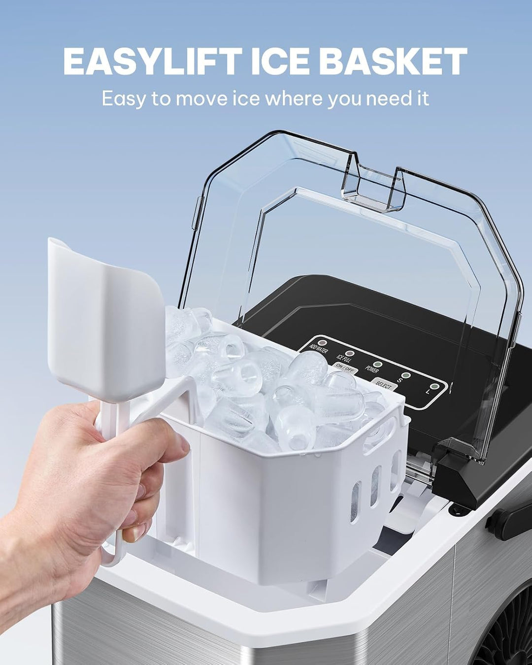 Silonn Eiswürfelmaschine mit Griff-Eiswürfelkorb – Tragbar &amp; Selbstreinigend, Mini Ice Maker 9 Eiswü