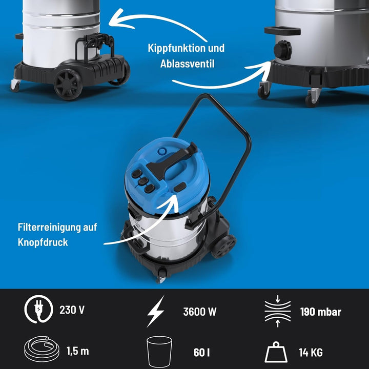 Güde GNTS 3-60L Nass-Trockensauger - 230 Volt, 3600 Watt aus 3 Elektromotoren, 190 Millibar Unterdru