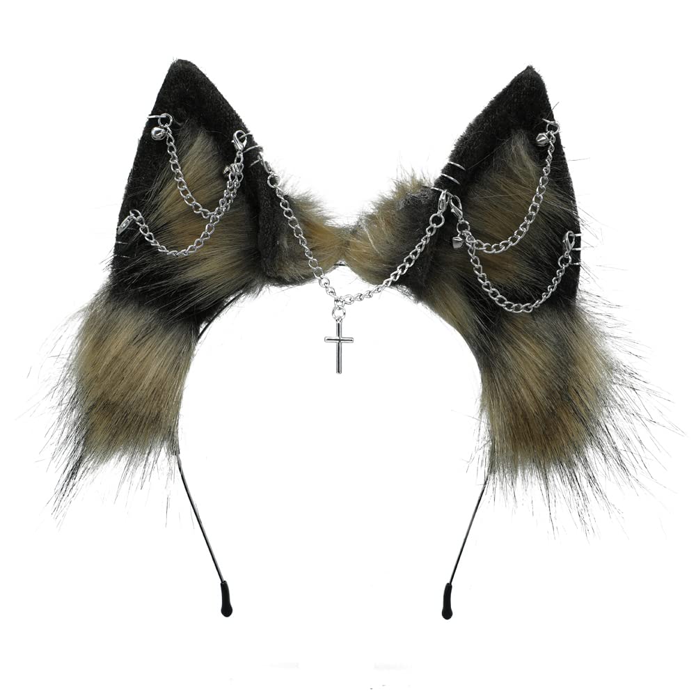 VIGVAN Handgemachte Wolf Fuchs Ohren Cosplay Kopf Zubehör Kawaii Haarband (Kette Braun Schwarz), Ket