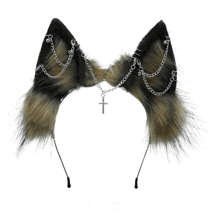 VIGVAN Handgemachte Wolf Fuchs Ohren Cosplay Kopf Zubehör Kawaii Haarband (Kette Braun Schwarz), Ket