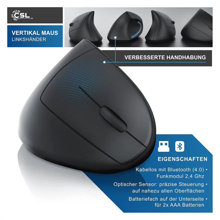 CSL – Maus kabellos für Linkshänder – Vertikalmaus Bluetooth und 2,4 Ghz Wireless Funkmaus – vertika