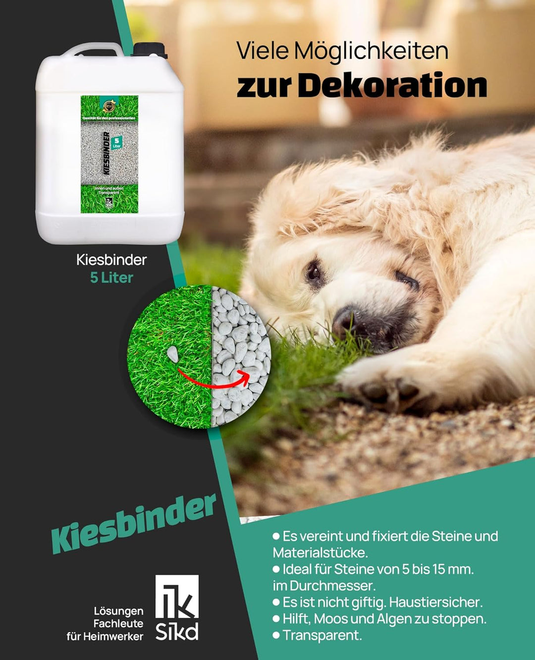 Sikd - Bindungsfixierer Verdichter von losen Steinen und Kies 5L. Löst das Ausbreiten von Kies, Stei
