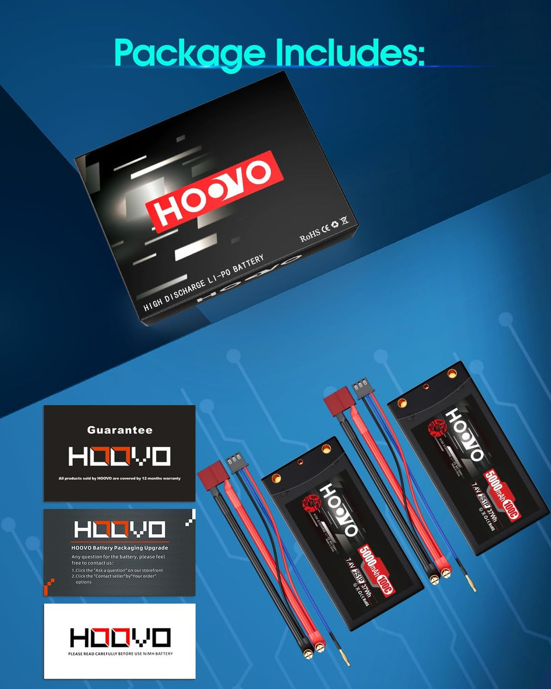 HOOVO RC Batterie 7,4V 5000mAh 100C 2S Lipo Akkus HardCase mit 4.0 mm Banana to Deans Plug für RC Au