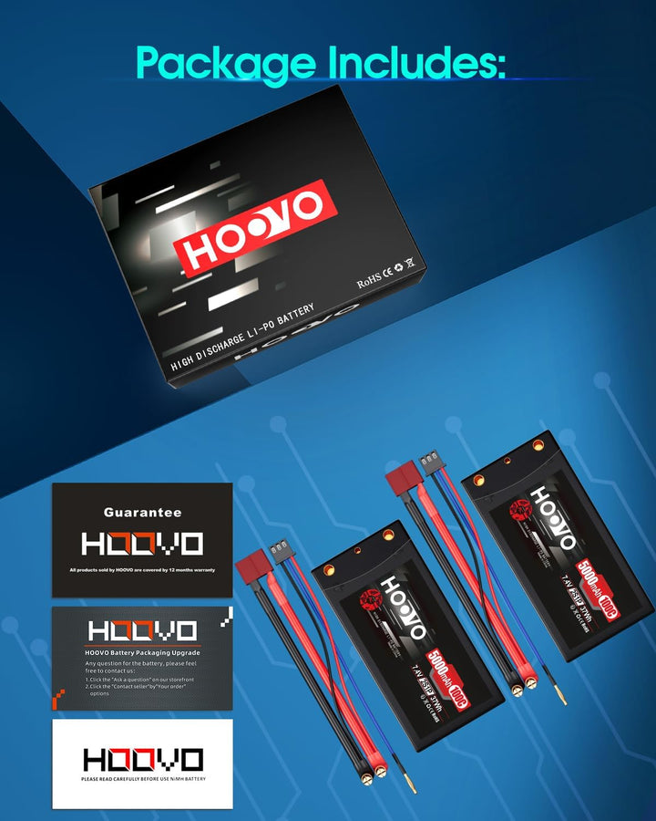HOOVO RC Batterie 7,4V 5000mAh 100C 2S Lipo Akkus HardCase mit 4.0 mm Banana to Deans Plug für RC Au