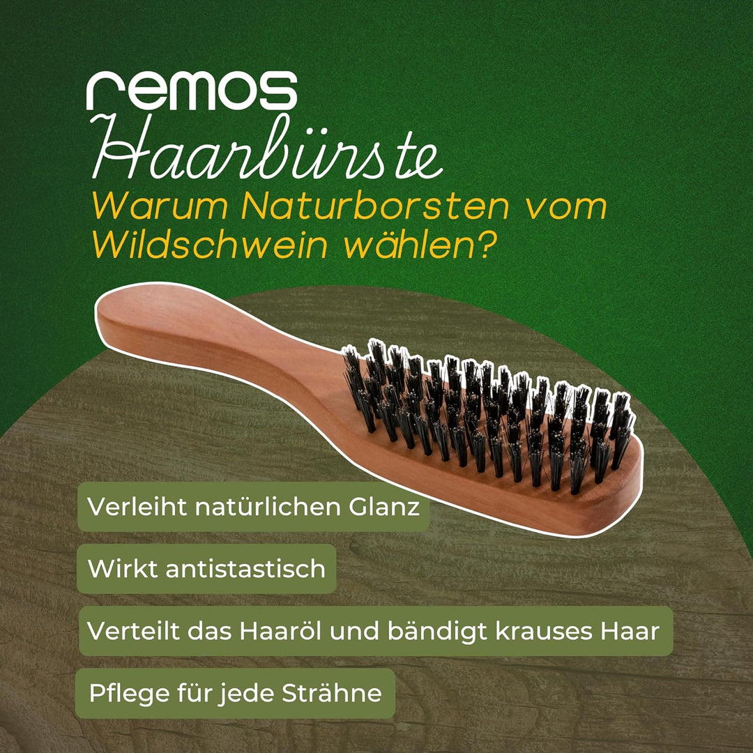 REMOS Haarbürste mit 100% Wildschweinborste aus Birnbaumholz mit schmalem Griff schmal Birnbaumholz,