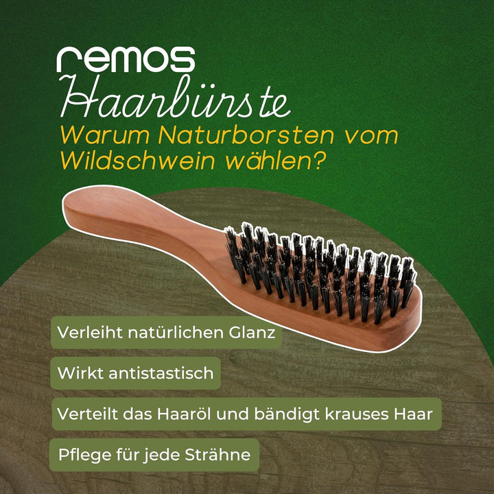 REMOS Haarbürste mit 100% Wildschweinborste aus Birnbaumholz mit schmalem Griff schmal Birnbaumholz,