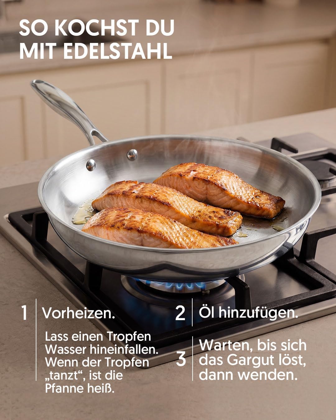 La Moustache - Pfannenset 3-teilig, aus Edelstahl ohne Beschichtung, 3 Bratpfannen, induktionsgeeign