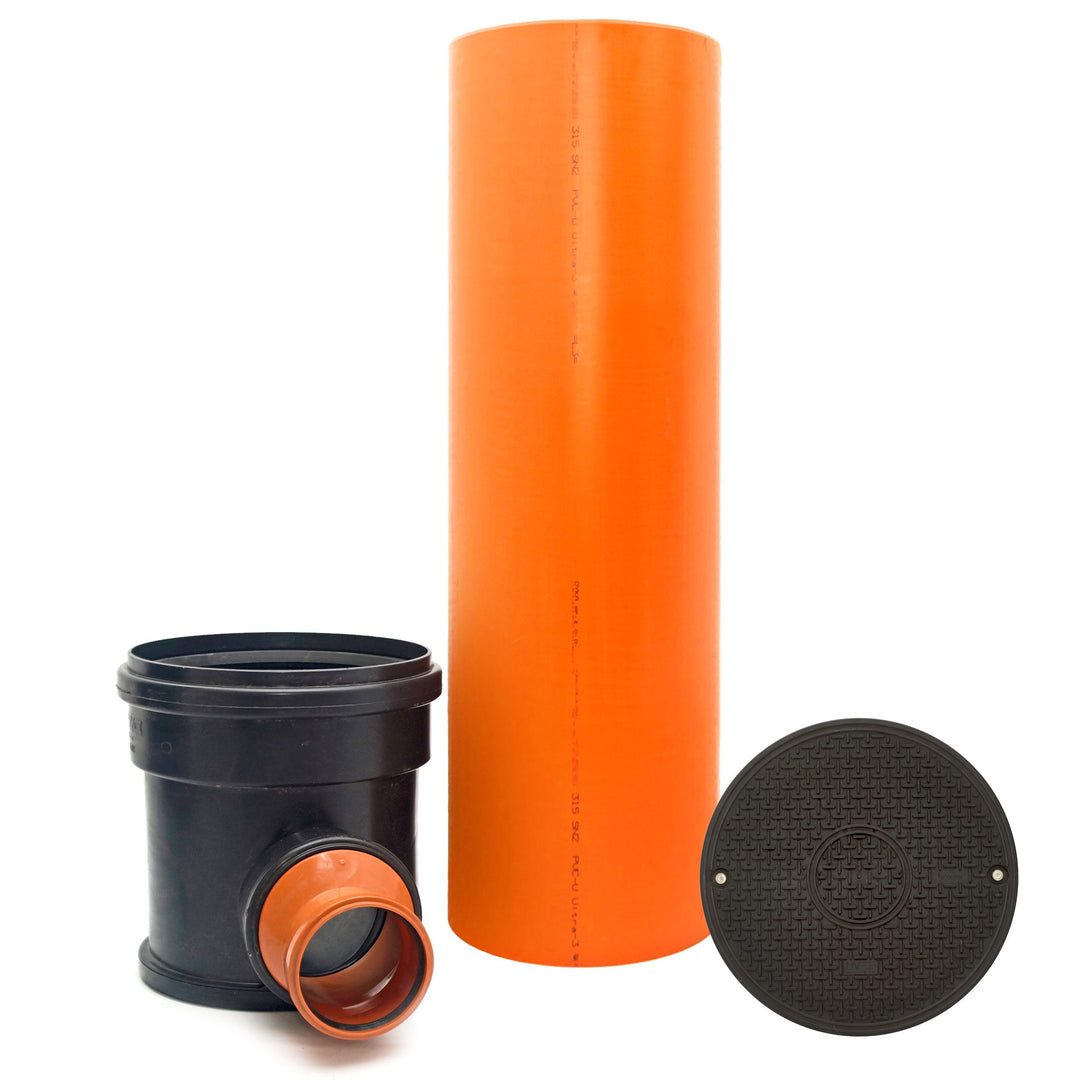 KG Kontrollschacht Revisionsschacht Abwasserschacht Schacht DN315 / 2 x DN110, Rohr, Deckel, Komplet