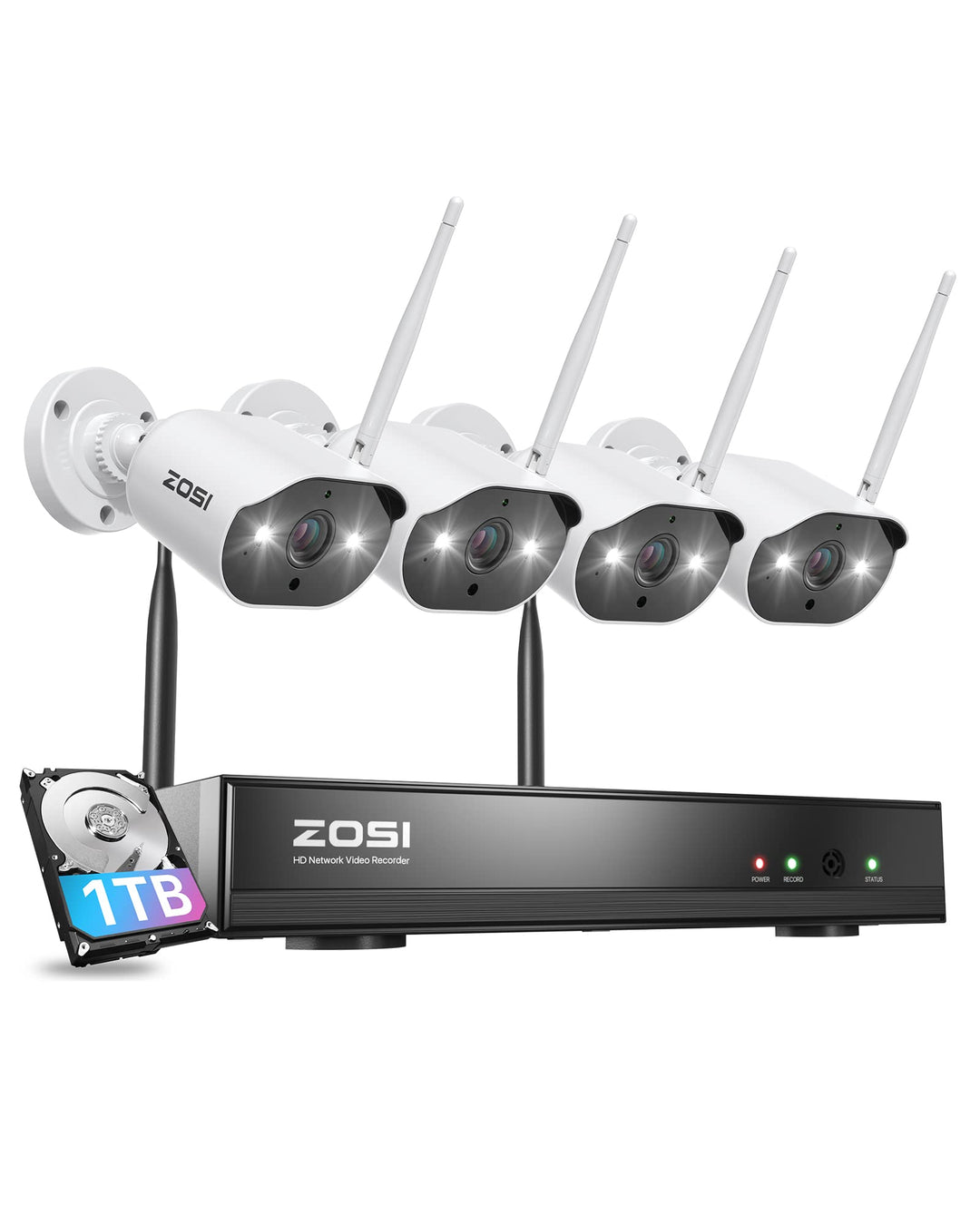 ZOSI 2K Aussen WLAN Überwachungskamera Set, 4X 3MP WiFi IP Kamera mit 8CH 5MP 1TB HDD NVR, 24/7 Vide