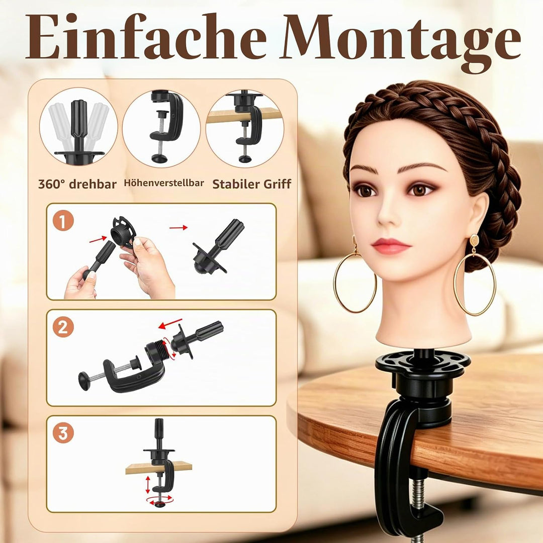 Yofuly 24Zoll / 61cm Frisierkopf mit Ohrlöchern, 80% Echthaar Übungskopf, Make-up Frisieren Training