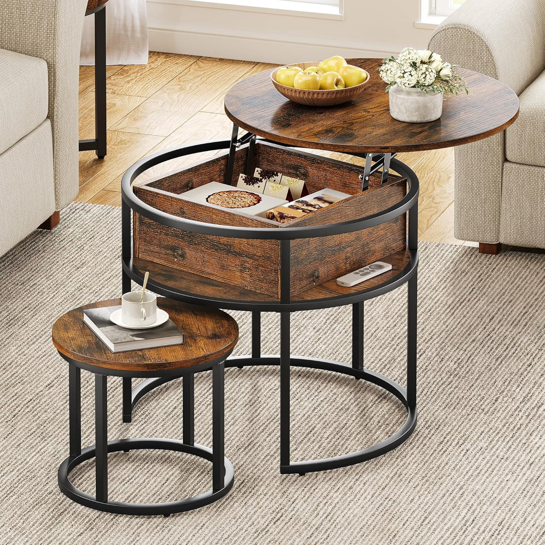 YITAHOME Couchtisch Rund, 2er Set, Wohnzimmertisch Vintage mit Stauraum und Hebeplatte, Couchtisch H